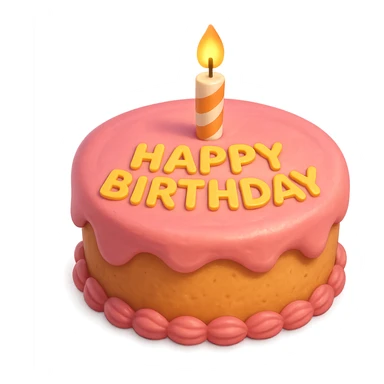 Draw a Pixar-style birthday cake with pink frosting and a single candle. The cake should be visible from the front and top. sticker