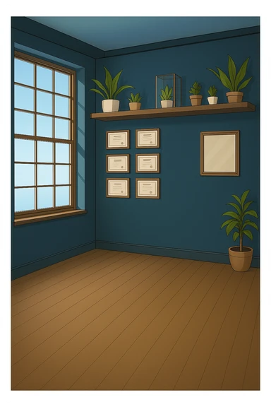 PRENDI SPUNTO DAI COLORI E DALLO STILE DELLA STANZA CON L'UOMO CON IL CAMICE E faMMI QUESTA STANZA VUOTA STILE MANGA/WEBTOON A COLORI SENZA LE PERSONE, SOLO LA STANZA. FALLA MOLTO PIù LUMINOSA, NON LUCI GIALLE sticker