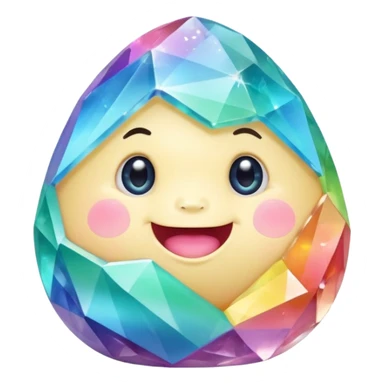 A single pastel rainbow crystal baby rock character, chubby and heavy with a chunky, irregular polygon shape, not egg-shaped, covered in faceted crystal planes and small chips, big glossy rainbow eyes and a small smiling mout sticker