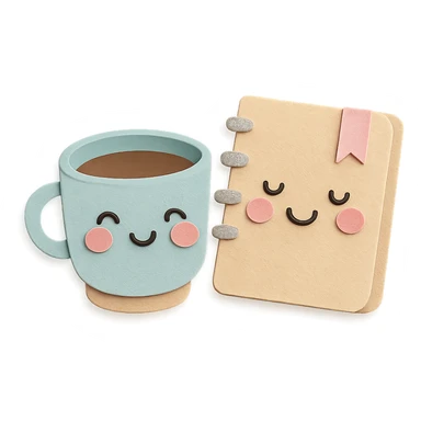coffee cup and diary notebook with blushing cheeks, soft pastel colors sticker