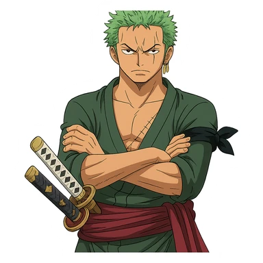 Zoro Roronoa from One Piece, anime style, crossed arms, swords visible, determined look sticker
