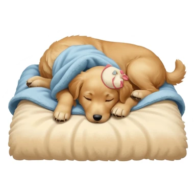 A Golden Retriever puppy sleeping peacefully on a soft blanket indoors. Cozy home environment, natural lighting, soft focus, adorable realism. sticker