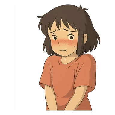 ghibli style character looking embarrassed, blushing, shy posture sticker