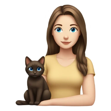 white girl with dark brown hair and blue eyes with a brown cat sticker