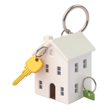close-up side view of two white keys on a ring with a white house-shaped keychain, 3D Emoji style, soft shadows and highlights, no decoration, transparent background sticker