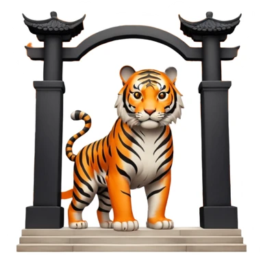 Traditional Chinese ink painting style emoji. A powerful tiger (like the ancient character 虎), standing guard in front of mystical gates (門). Energy swirls around him like a vortex (🌀). Minimalist, transparent background, 512x512 pixels. sticker