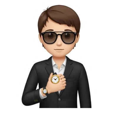 Un niño con pelo lacio color castaño,con lentes de sol negros y un reloj en la mano sticker