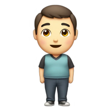 Fat, slightly thin, droopy eyes and eyebrows, thick lips, big head, smiling with a pencil, cute Japanese guy sticker