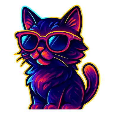 cat with sunglasses with neon glow, vibrant toon style sticker