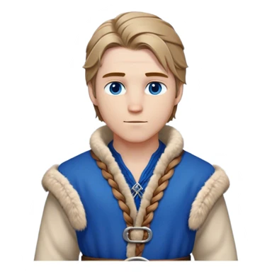 Medieval winter outfit worn by a DnD themed fantasy male character. Double-thick russet wool tunic with mink fur trim, featuring carved wooden toggles and a wide braided leather belt. Clothes only above the waist, full waist coverage. The character has no arms. Character is white-skinned with dark blonde hair, sapphire blue eyes, and medium-length straight hair touched by winter frost. sticker