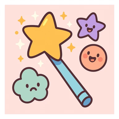 cartoon-style magic wand with a golden star at the tip, sparkling, pastel toon style sticker