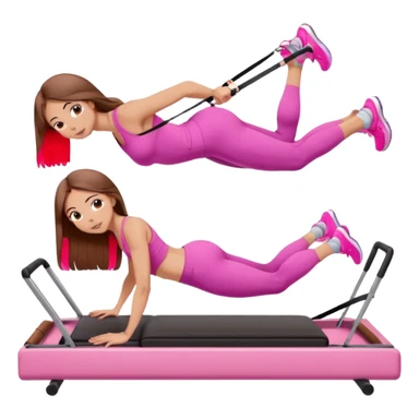 one girl doing a plank on a pilates reformer in a pink workout set with long brown hair sticker