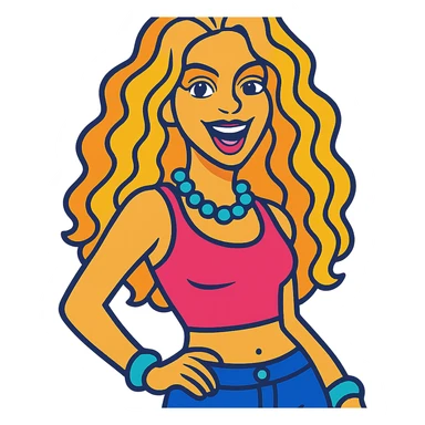 Shakira in vibrant toon style, saturated colors, playful sticker