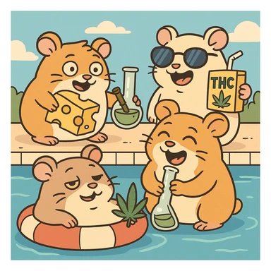 square Discord server icon, hamsters at a pool party with weed, cheese, THC theme, no disco ball, Flat Toon style, nostalgic, fun, inviting, summer party vibe, bold outlines, bright colors, clear composition sticker