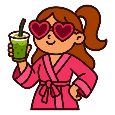 girly girl in pink robe with heart sunglasses, holding matcha sticker