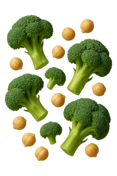SU QUESTO STILE FAI  broccoli e ceci che fluttuano in aria, FALLO MOLTO REALISTICO IN 3D sticker