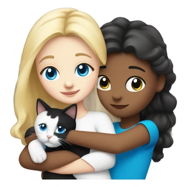 Blonde girl blue eyes hugging black and white cat sticker