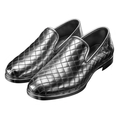 Bottega Veneta shoes in 3D chrome style, highly reflective metallic look, with signature woven texture, simple background sticker