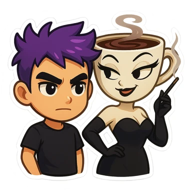 Combine these two cartoon emoji style images as a couple, standing side by side, matching their styles and making them look like a pair. Maintain the chibi stickers style with a transparent background. sticker