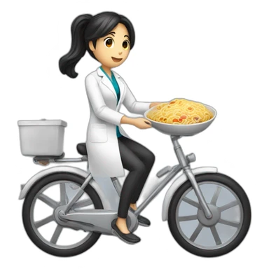 long and dark hair female doctor with a ramen bowl in her hand and riding a chrome bicycle sticker