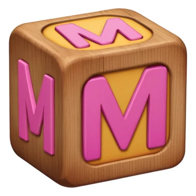 A rounded toy block with the pink letter "M" on it sticker