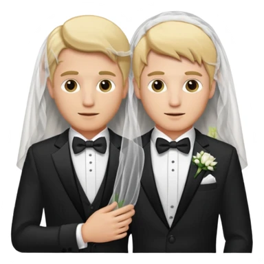 Two boys in tuxedos. One blond one brunette. One wearing wedding veil. Both men.  sticker