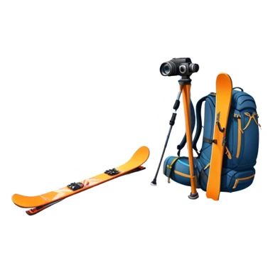  a snowy mountain peak in the landscape, with skis, a snowboard, an ice axe, a backpack and a camera. The icon should capture the adventure and exploration of mountain landscapes. Transparent background. sticker