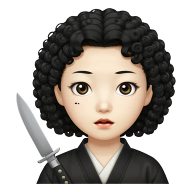 Korean murderer white skin with Asian eyes and holding knife with black Korean perm hair sticker