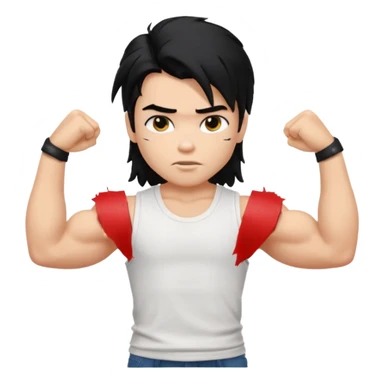 generate a pretty bratz boy with messy long mullet hair, sleeveless white tshirt, big biceps. Black hair sticker