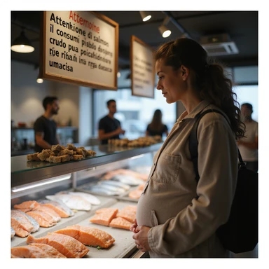 realistic pregnant woman in 4K observing the fish counter, the informational sign with the text: “Attenzione, il consumo di salmone crudo può comportare rischi in gravidanza” is in the foreground. sticker