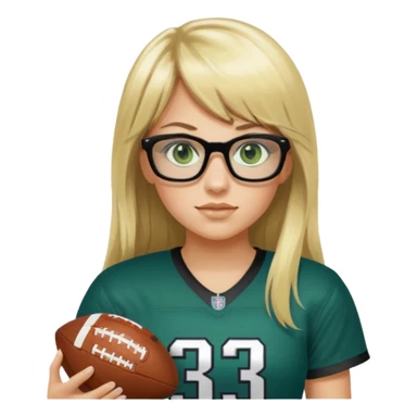 long blonde hair with bangs black rectangle glasses female green eyes football player wearing eagles jersey number 33 holding football sticker