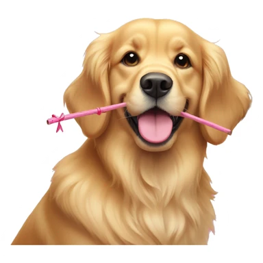 a golden retriever with a pink bow on the right and a stick in his teeth sticker