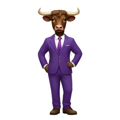 Brown bull with horns standing wearing purple 3 piece suit with brown shoes sticker
