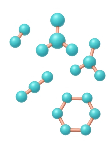 emoji 3d stile iphone di cinque molecole chimiche turchesi e rosa salmone che fluttuano in aria 3d sticker