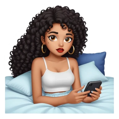 Brown-skinned teenage girl with curly black hair lying on bed looking at phone, heavy makeup, big lips, crop top, choni style sticker
