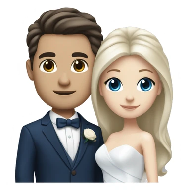 Wedding couple, groom white skin with dark brown hair and dark brown eyes, bright with white skin blonde hair and blue eyes and dark blue suit sticker