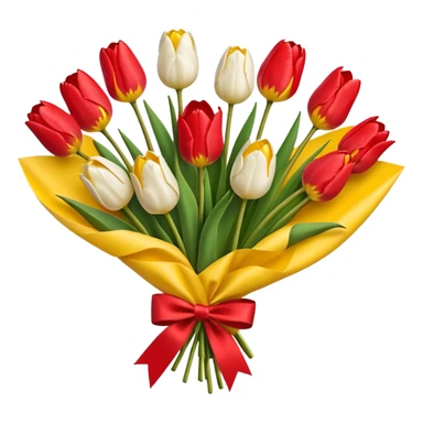 bouquet of tulip with red bow and yellow wrapping paper sticker