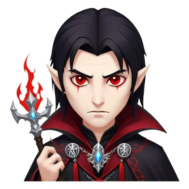 Cinematic Realistic WoW Vampire Mage Portrait, head tilted epicly and inquisitively, showcasing a commanding presence and ancient arcane mastery. His pallid skin and sleek dark hair are set against the intricately detailed black robe—with silver accents and mystical runes—that remains consistent in its shadowed elegance. His piercing crimson eyes blaze with forbidden power, rendered with dramatic, lifelike clarity and high shine, epic and awe-inspiring. sticker