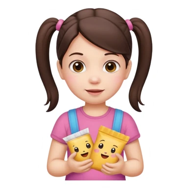 Cute small Toddler emoji with two pigtails dark brown hair, fair skin, in pink top, holding toddler snacks sticker