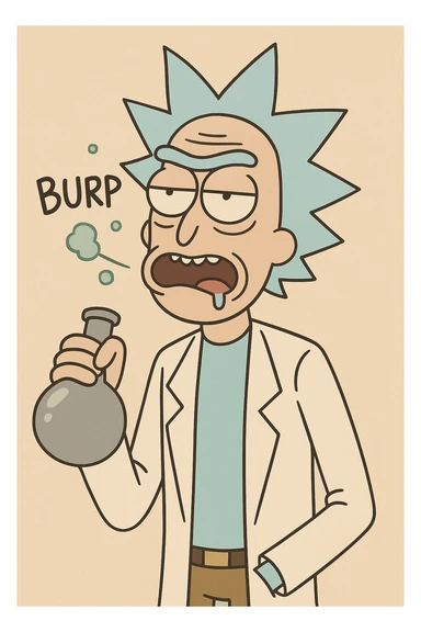 Rick Sanchez from Rick and Morty, with flask, burping, cartoon style sticker