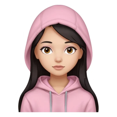 A pretty girl with light skin and long straight black brown hair, wearing a very light pink basic hoodie with brown eyes and makeup sticker