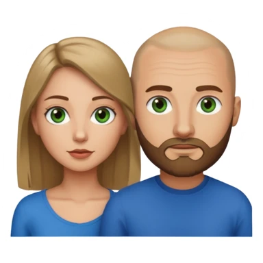 Man on left with shaved head with dark blonde beard and blue eyes, woman on the right with long dark brown hair green eyes  sticker