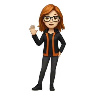 white woman waving with glasses with long straight brown hair waving wearing a dark orange sweater and black jacket sticker
