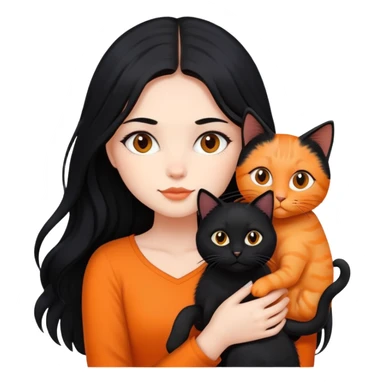 A girl with long black hair is holding a black cat, an orange cat, and a black cat sticker