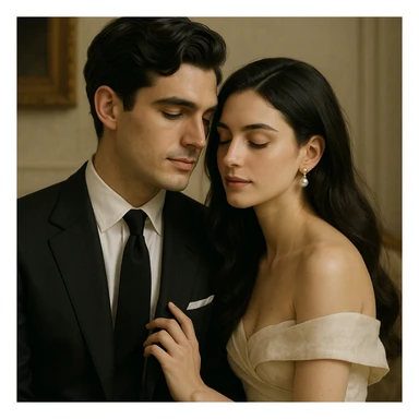 romantic black-haired couple, old money aesthetic, sophisticated and gentle pose sticker