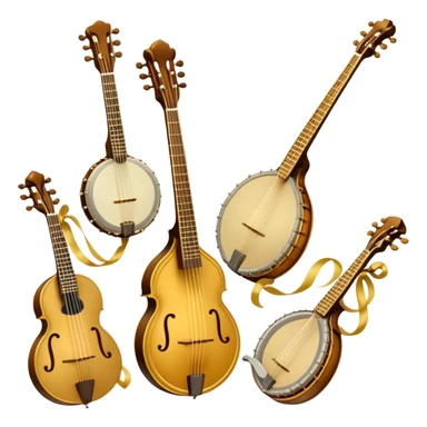 Create a grand, heraldic-style emoji collage representing plucked string instruments. The design should resemble a majestic emblem, featuring a collection of iconic instruments such as a banjo, mandolin, domra, sitar, and other plucked string instruments. Arrange the instruments symmetrically, with their necks and strings intertwining gracefully like a coat of arms. A flowing ribbon of musical notes should elegantly weave through the instruments, creating a sense of harmony and movement. The emblem should have a luxurious, golden and bronze color palette with intricate decorative elements, adding depth and a professional touch. Subtle lighting effects should highlight the polished wood and metal strings of the instruments. The background should be transparent, making the design adaptable for various uses sticker