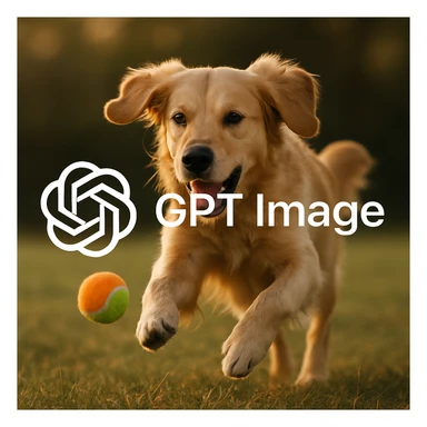  logo of chat gpt with text "GPT Image" on the background of a dog chasing ball, realistic image sticker