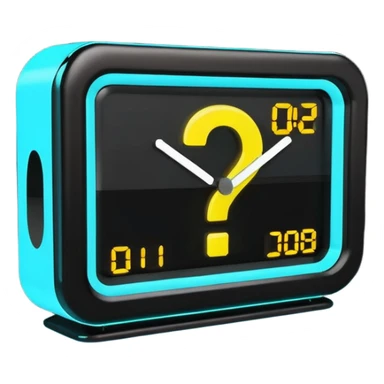 rectangular digital alarm clock with a question mark where the time would usually be sticker