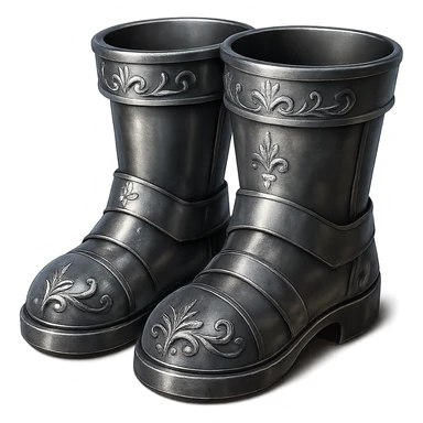 Recolor these iron boots to realistic metallic steel with crisp, shiny, and slightly fancier iron engravings. Keep the look detailed and realistic in a style inspired by emoji style. Transparent background. sticker