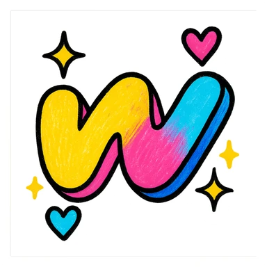 plump, colorful Wattpad logo 'w' with bold outline, expressive shadows and highlights, sparkles and floating hearts in bright colors around the logo, no background sticker